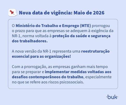 Banner sobre a prorrogação da NR-1 para maio de 2026 e suas novas exigências para empresas.