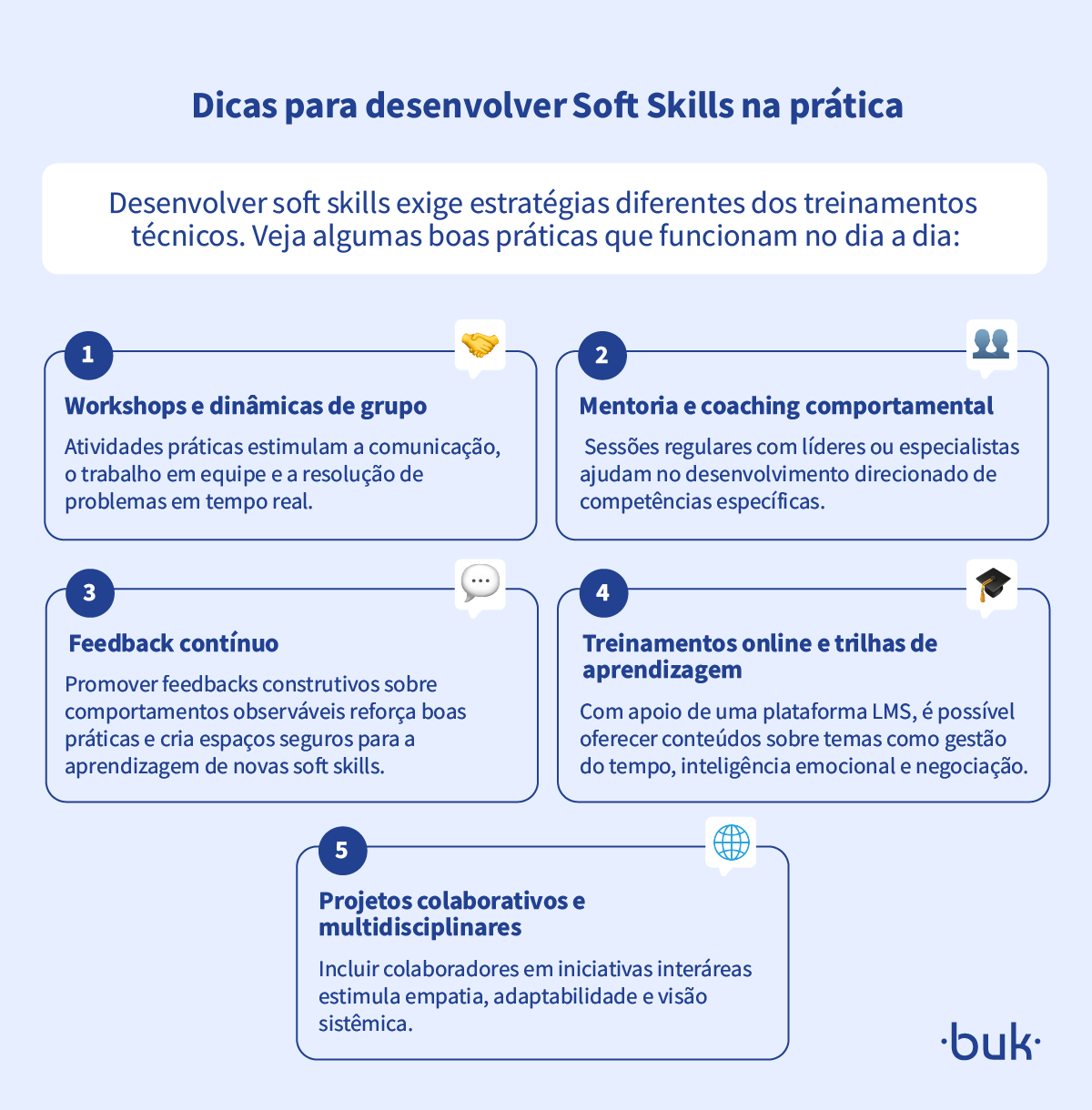 Infográfico com dicas práticas para desenvolver soft skills no dia a dia, como feedback contínuo, mentoria, treinamentos online e projetos colaborativos. Logo da Buk no canto inferior direito.