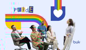 Colaboradores em roda de conversa com bandeira LGBT+ ao fundo. Logo da Buk no canto inferior direito.