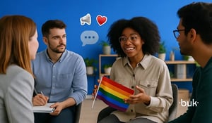 Imagem de um grupo de pessoas conversando no contexto do Dia Internacional do Orgulho LGBTQIAPN. Destaque para a bandeira LGBTQIAPN e inclusão no ambiente de trabalho.