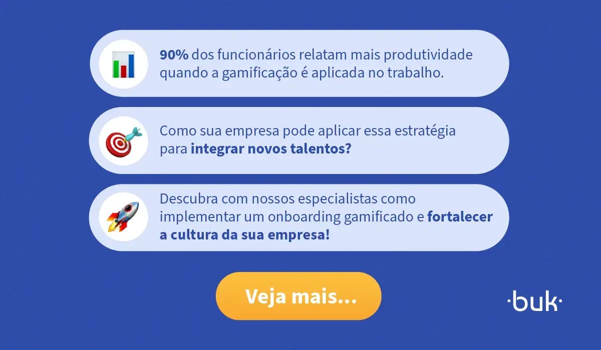 Arte com fundo azul mostra três mensagens sobre gamificação no trabalho. A primeira destaca que “90% dos funcionários relatam mais produtividade quando a gamificação é aplicada no trabalho.” As demais reforçam como integrar novos talentos e fortalecer a cultura organizacional com um onboarding gamificado, convidando o leitor a entrar em contato com um especialista da Buk ao clicar na imagem.