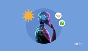 Imagem com fundo azul mostra um robô de perfil, com a mão no queixo. Ao redor dele, existem três desenhos: um desenho de aperto de mãos, um ícone de check verde e um ícone de estrela com múltiplas pontas.