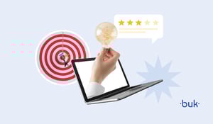 Imagem com alvo, laptop e estrelas de avaliação, representando ideias e metas ligadas a Indicadores de Desempenho. Logo da Buk no canto inferior direito.