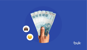 Imagem com fundo azul mostra uma mão segurando seis notas de cem reais. Ao lado, existem dois emojis: uma maleta e um sorriso.